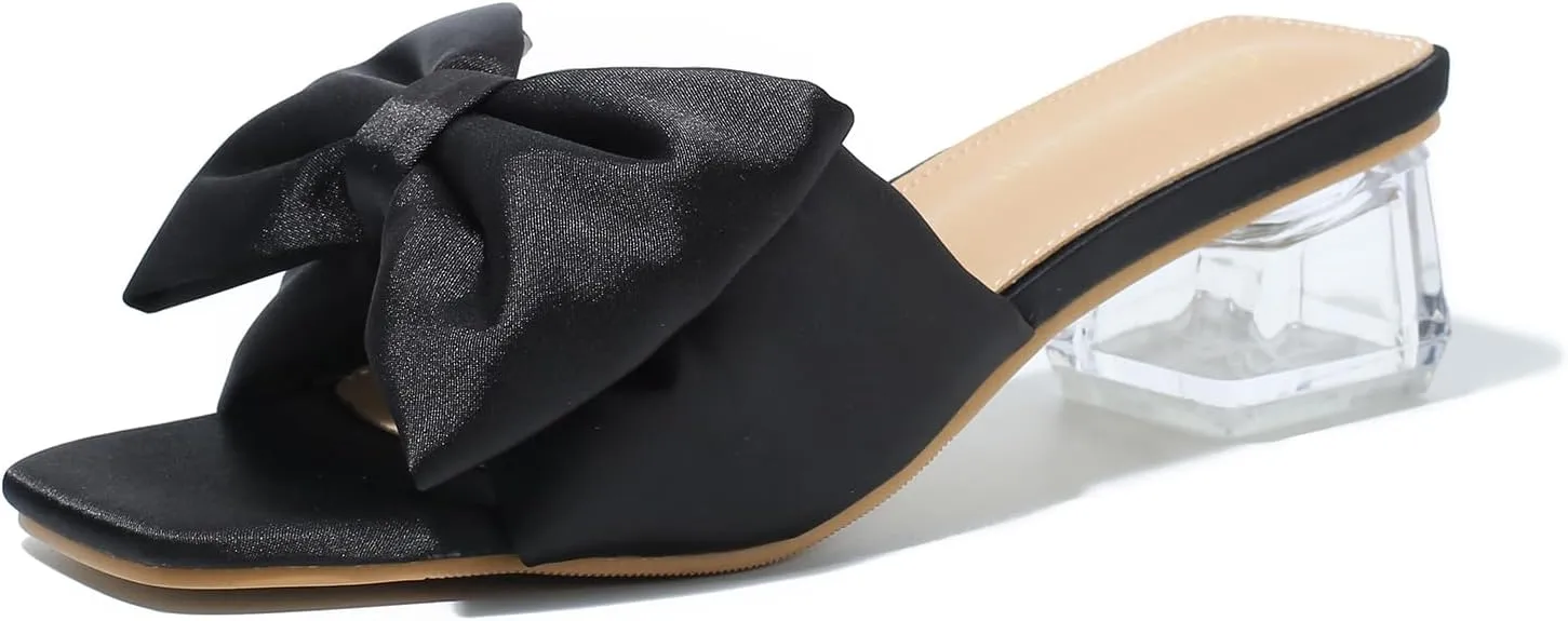 Heiyom Women's Square Toe Low Block Chunky Heels Mules Sandals Bowknot Slip on Clear Heels Wedding Bridal Party Dress Shoes