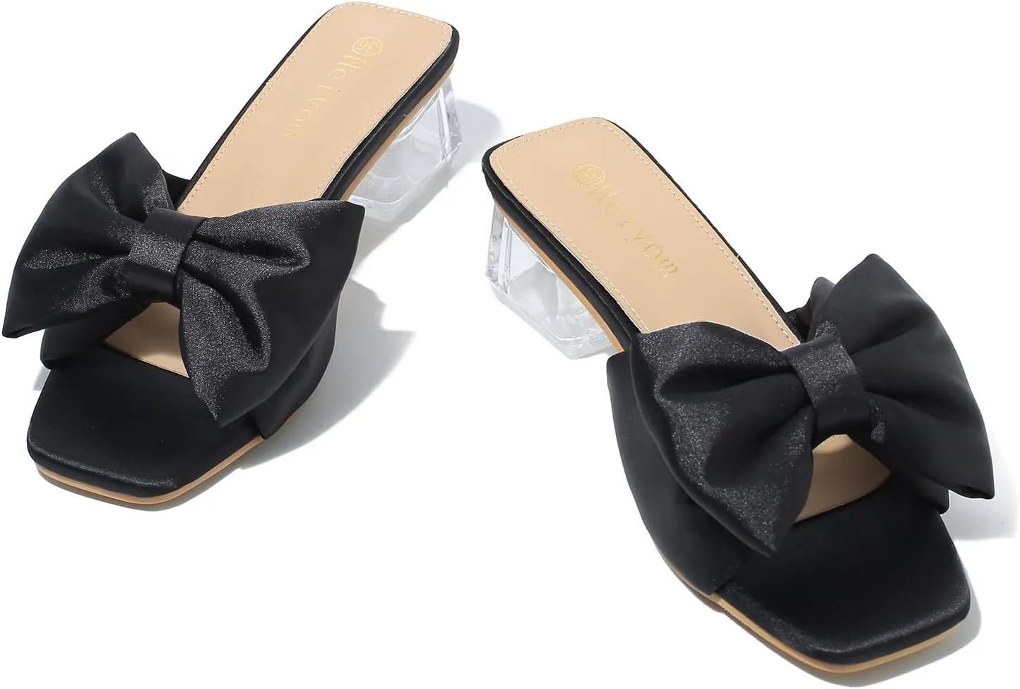 Heiyom Women's Square Toe Low Block Chunky Heels Mules Sandals Bowknot Slip on Clear Heels Wedding Bridal Party Dress Shoes