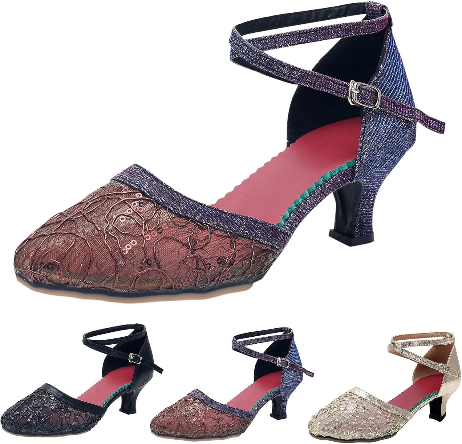 High Heels for Women 2025 T-Strap Dance Sandals Glitter Ballroom Shoes with Ankle Strap Wedding Party Pumps