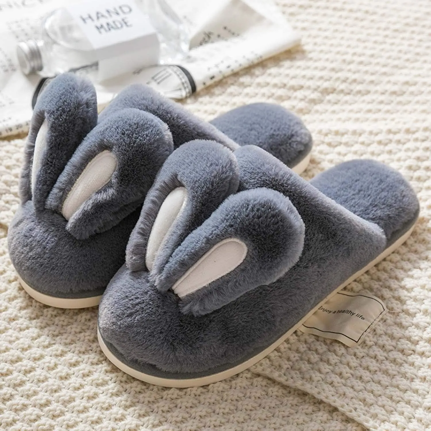 Hopelong Women's Cute Rabbit Ears Plush House Slippers - Non-Slip Fluffy Indoor Warm Animal Slippers