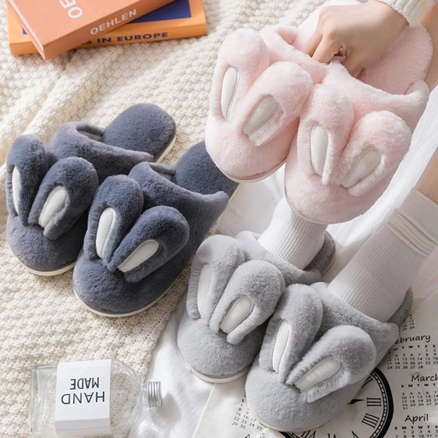 Hopelong Women's Cute Rabbit Ears Plush House Slippers - Non-Slip Fluffy Indoor Warm Animal Slippers