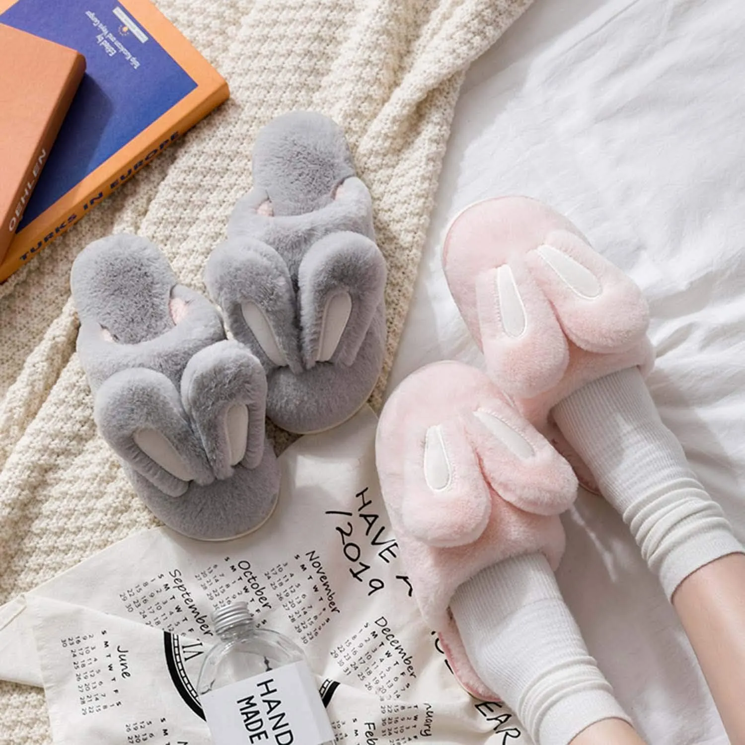 Hopelong Women's Cute Rabbit Ears Plush House Slippers - Non-Slip Fluffy Indoor Warm Animal Slippers