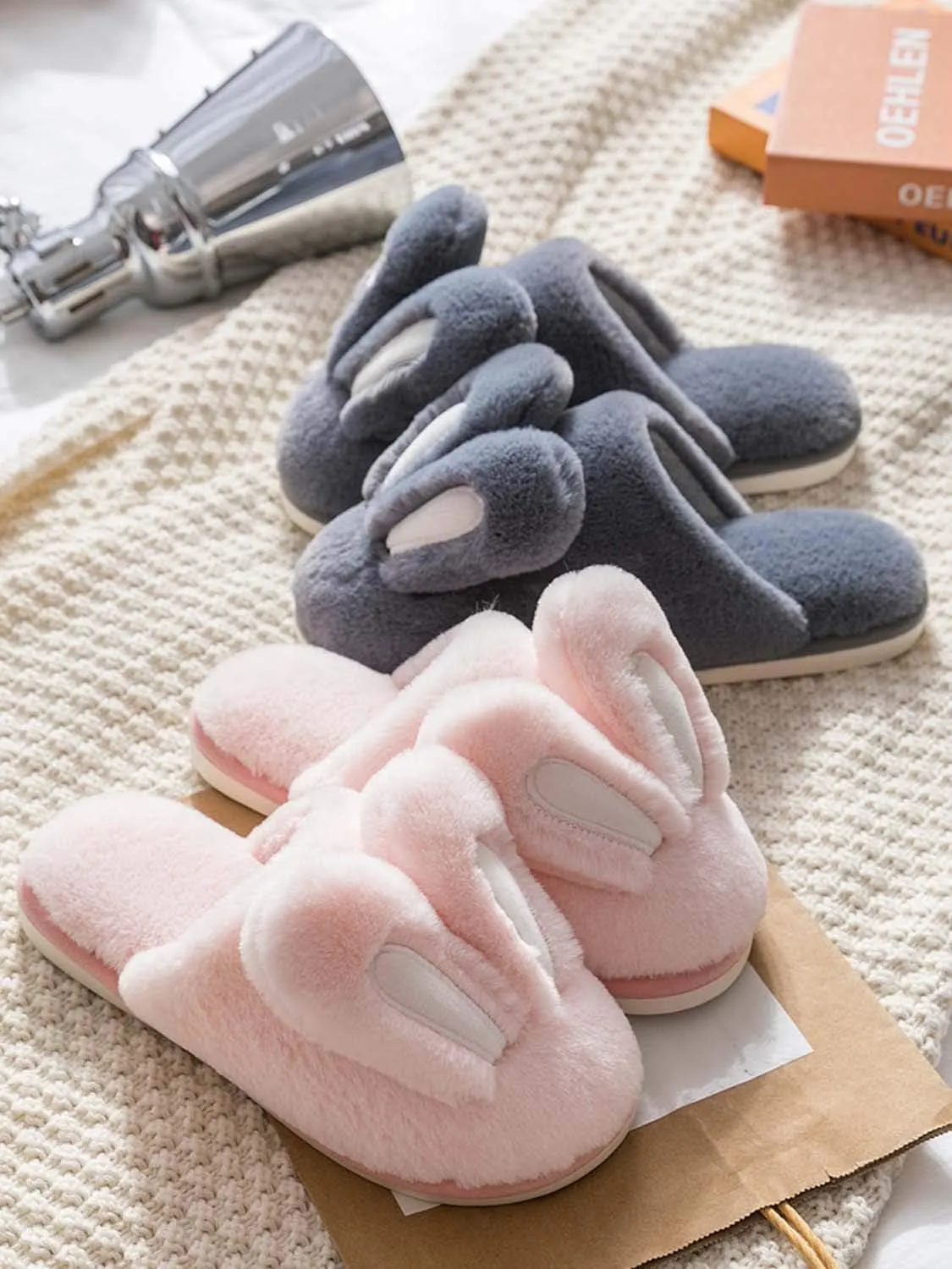 Hopelong Women's Cute Rabbit Ears Plush House Slippers - Non-Slip Fluffy Indoor Warm Animal Slippers