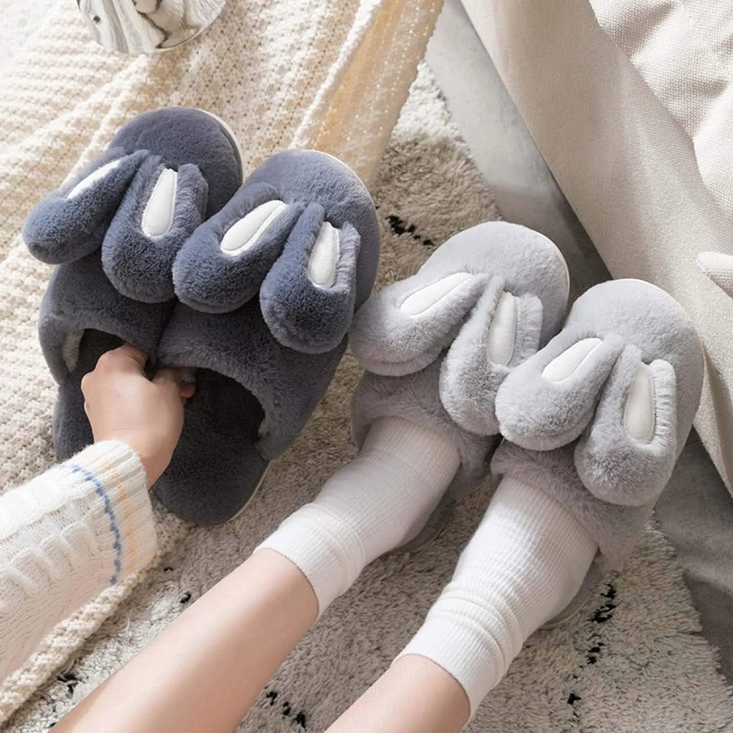 Hopelong Women's Cute Rabbit Ears Plush House Slippers - Non-Slip Fluffy Indoor Warm Animal Slippers