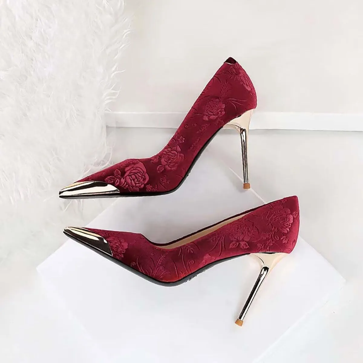 JOEupin Women Velvet Pointed Toe Heels Elegant Stiletto Ladies Pumps Party Dress Heels Work Office Shoes