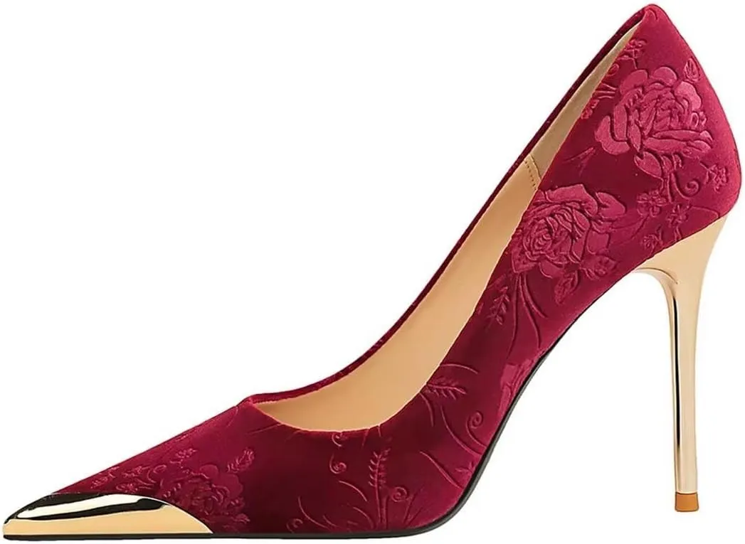 JOEupin Women Velvet Pointed Toe Heels Elegant Stiletto Ladies Pumps Party Dress Heels Work Office Shoes