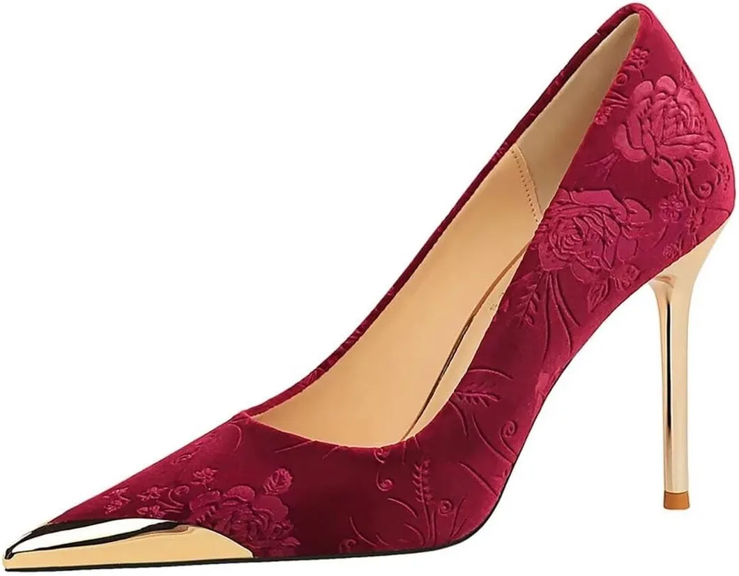 JOEupin Women Velvet Pointed Toe Heels Elegant Stiletto Ladies Pumps Party Dress Heels Work Office Shoes
