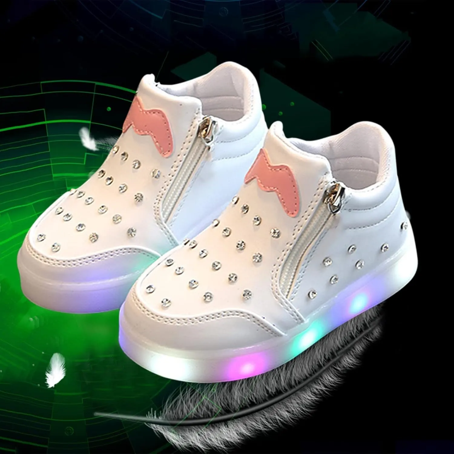 Kids Girls High Top Led Boots Diamond 𝐄mbellished Anti-slip Sole Shoes Toddler Zipper Light up Snow Boots