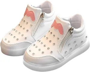 Kids Girls High Top Led Boots Diamond 𝐄mbellished Anti-slip Sole Shoes Toddler Zipper Light up Snow Boots