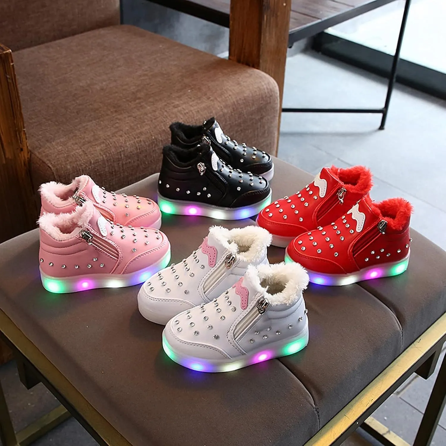 Kids Girls High Top Led Boots Diamond 𝐄mbellished Anti-slip Sole Shoes Toddler Zipper Light up Snow Boots