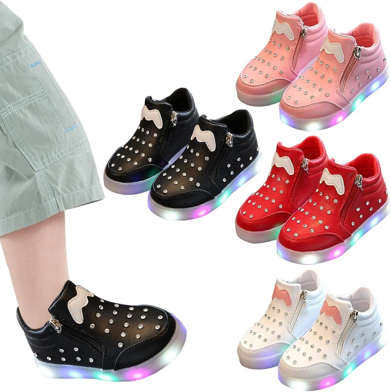 Kids Girls High Top Led Boots Diamond 𝐄mbellished Anti-slip Sole Shoes Toddler Zipper Light up Snow Boots