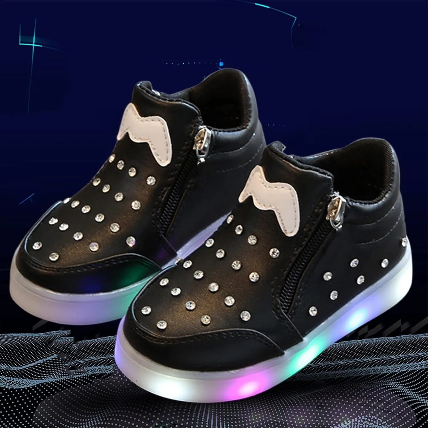 Kids Girls High Top Led Boots Diamond 𝐄mbellished Anti-slip Sole Shoes Toddler Zipper Light up Snow Boots