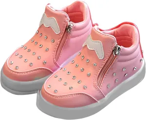 Kids Girls High Top Led Boots Diamond 𝐄mbellished Anti-slip Sole Shoes Toddler Zipper Light up Snow Boots