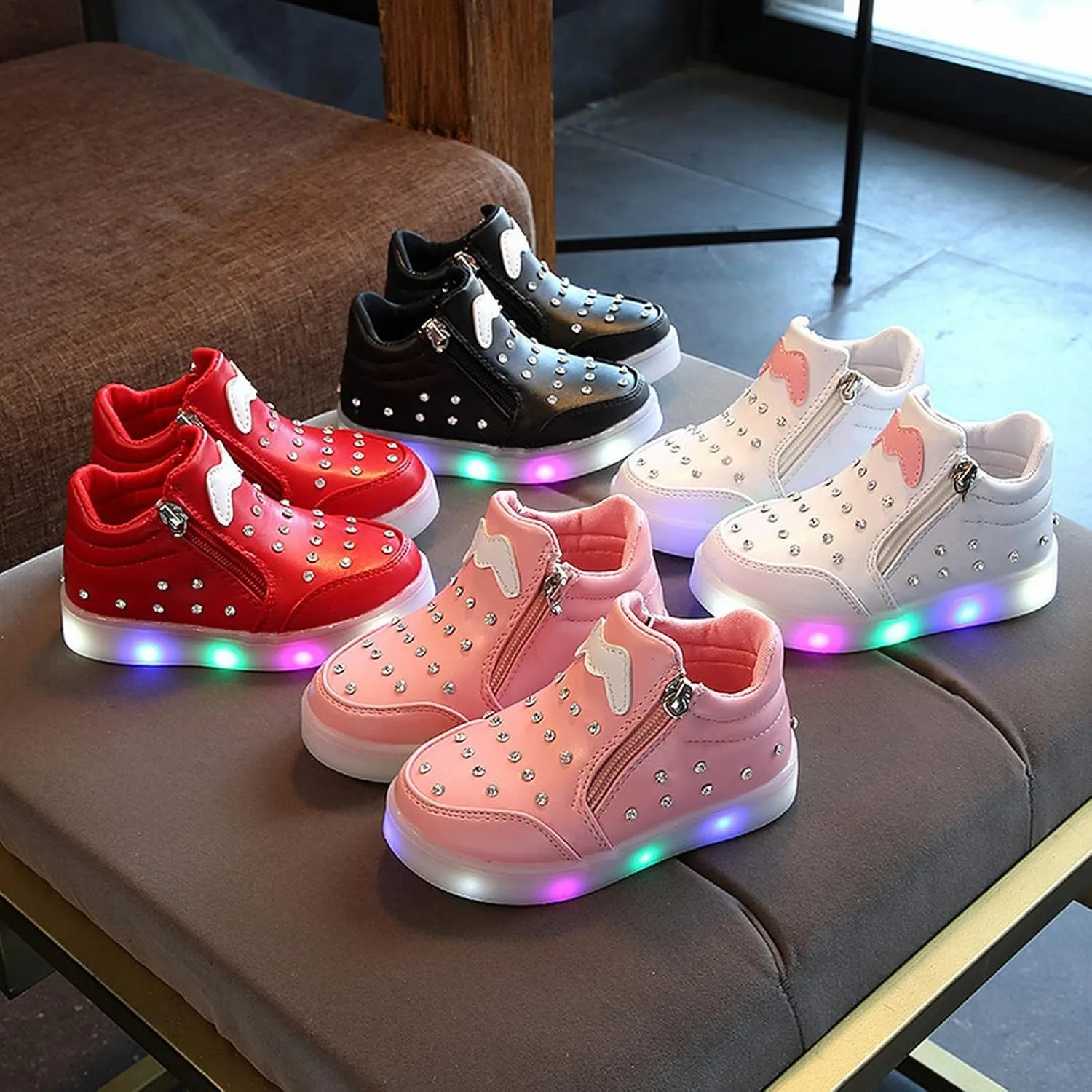 Kids Girls High Top Led Boots Diamond 𝐄mbellished Anti-slip Sole Shoes Toddler Zipper Light up Snow Boots