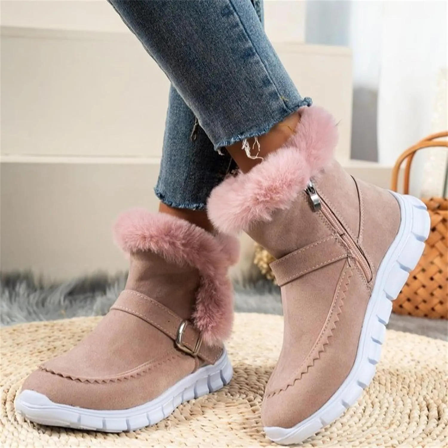 Ladmiple Booties For Women 2024 Casual Slip-on Warm Loafers Shoes Fur-Lined Comfortable Lightweight Winter Snow Ankle Boots
