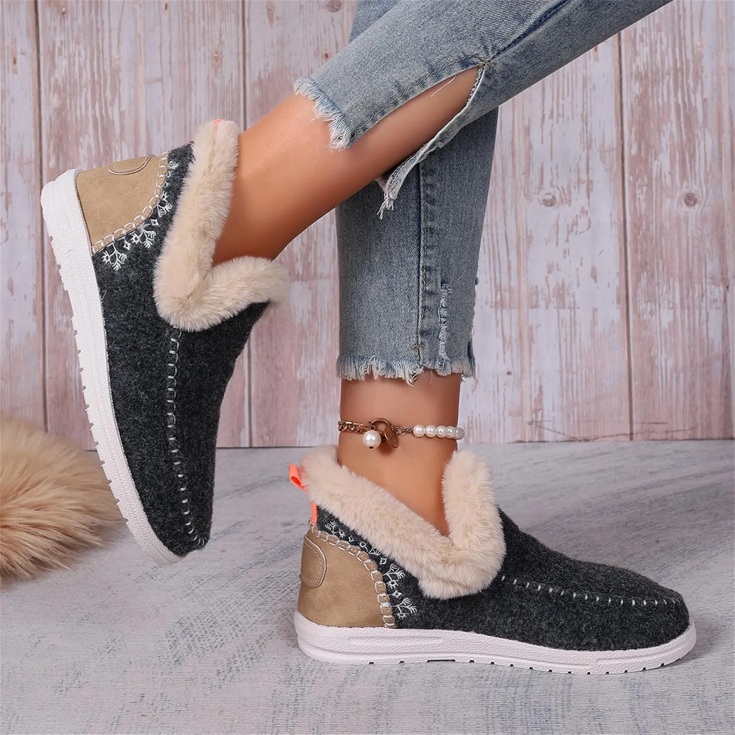 Ladmiple Booties For Women 2024 Warm Fur Lined Winter Snow Ankle Boots Outdoor Short Booties Fashion Slip On Loafers Shoes