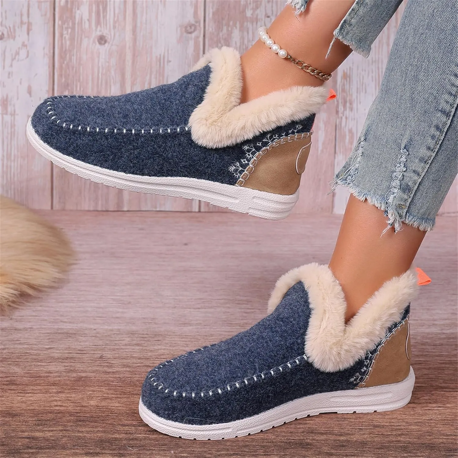 Ladmiple Booties For Women 2024 Warm Fur Lined Winter Snow Ankle Boots Outdoor Short Booties Fashion Slip On Loafers Shoes