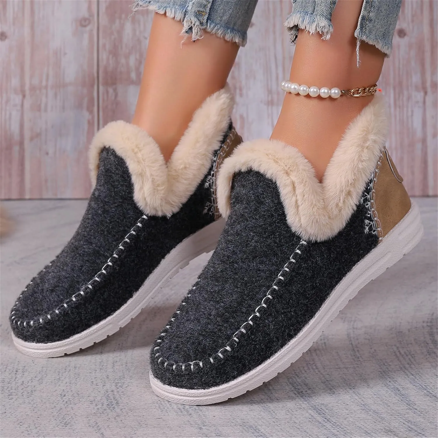 Ladmiple Booties For Women 2024 Warm Fur Lined Winter Snow Ankle Boots Outdoor Short Booties Fashion Slip On Loafers Shoes
