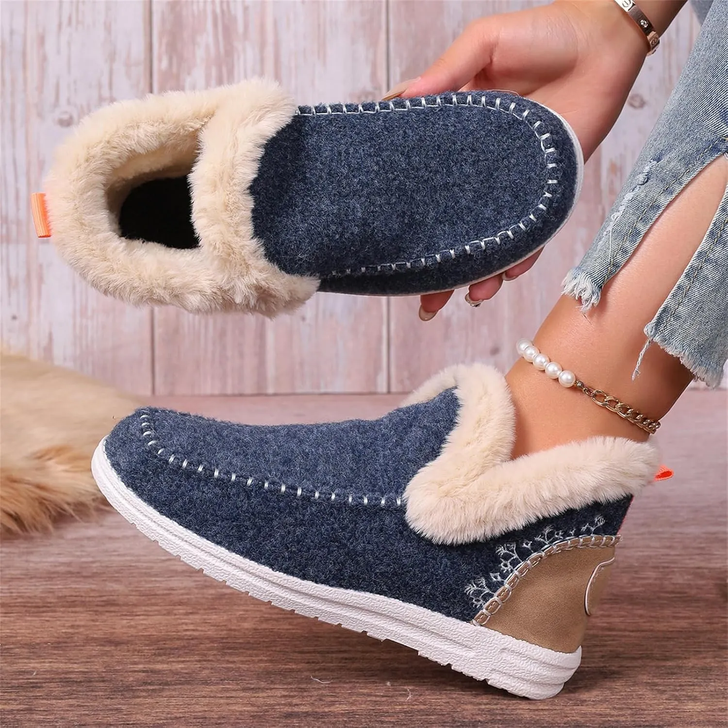 Ladmiple Booties For Women 2024 Warm Fur Lined Winter Snow Ankle Boots Outdoor Short Booties Fashion Slip On Loafers Shoes