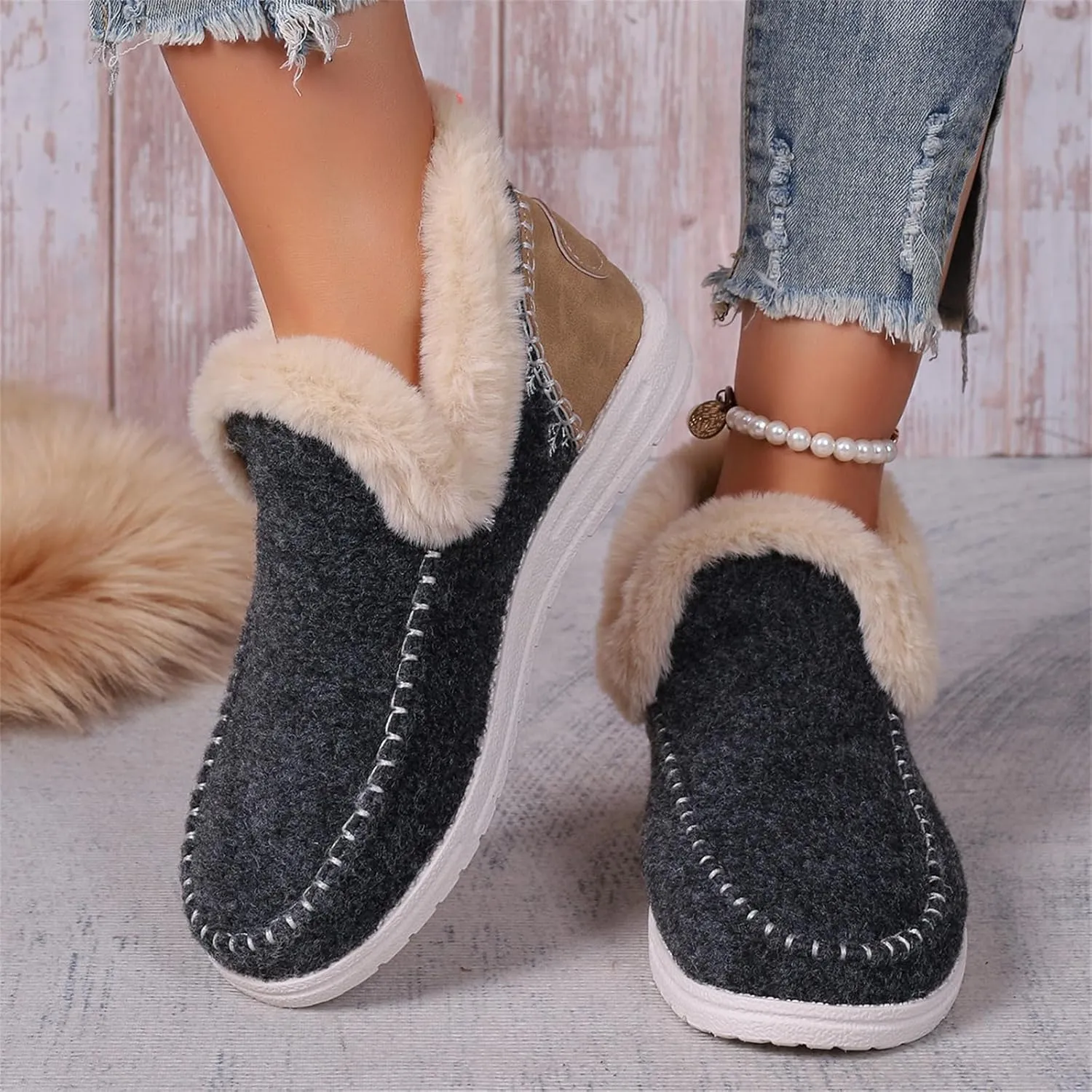 Ladmiple Booties For Women 2024 Warm Fur Lined Winter Snow Ankle Boots Outdoor Short Booties Fashion Slip On Loafers Shoes