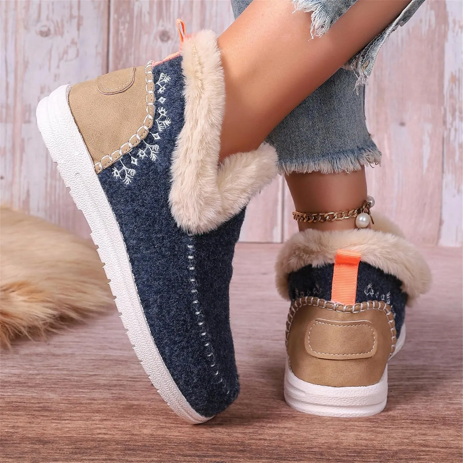 Ladmiple Booties For Women 2024 Warm Fur Lined Winter Snow Ankle Boots Outdoor Short Booties Fashion Slip On Loafers Shoes
