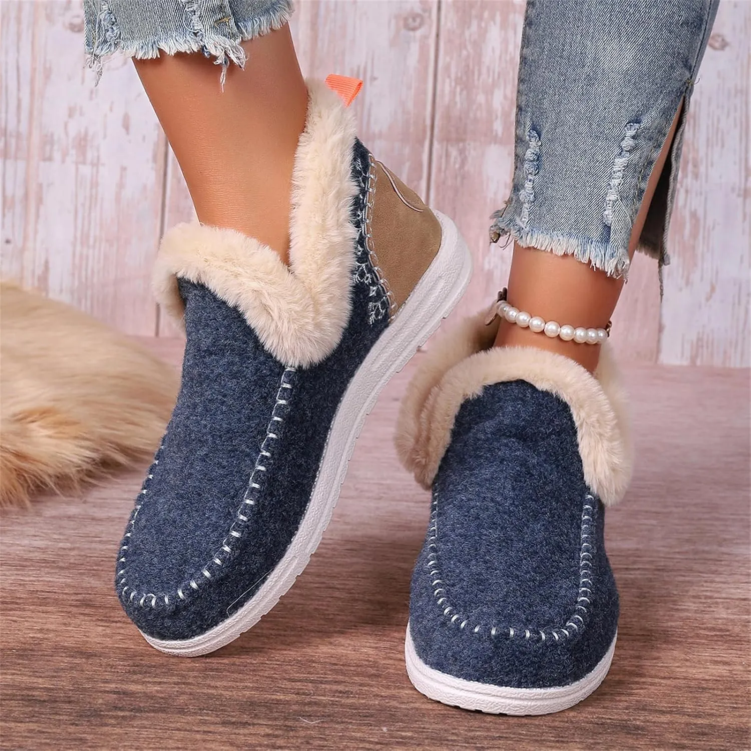 Ladmiple Booties For Women 2024 Warm Fur Lined Winter Snow Ankle Boots Outdoor Short Booties Fashion Slip On Loafers Shoes