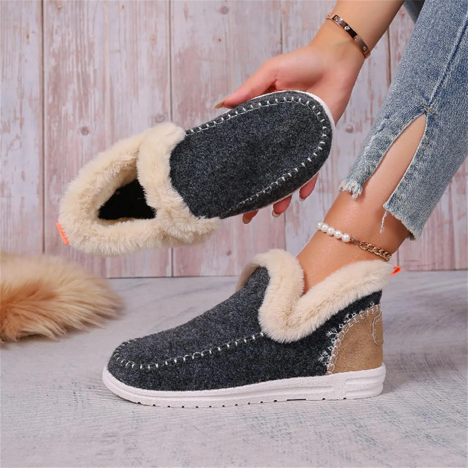 Ladmiple Booties For Women 2024 Warm Fur Lined Winter Snow Ankle Boots Outdoor Short Booties Fashion Slip On Loafers Shoes
