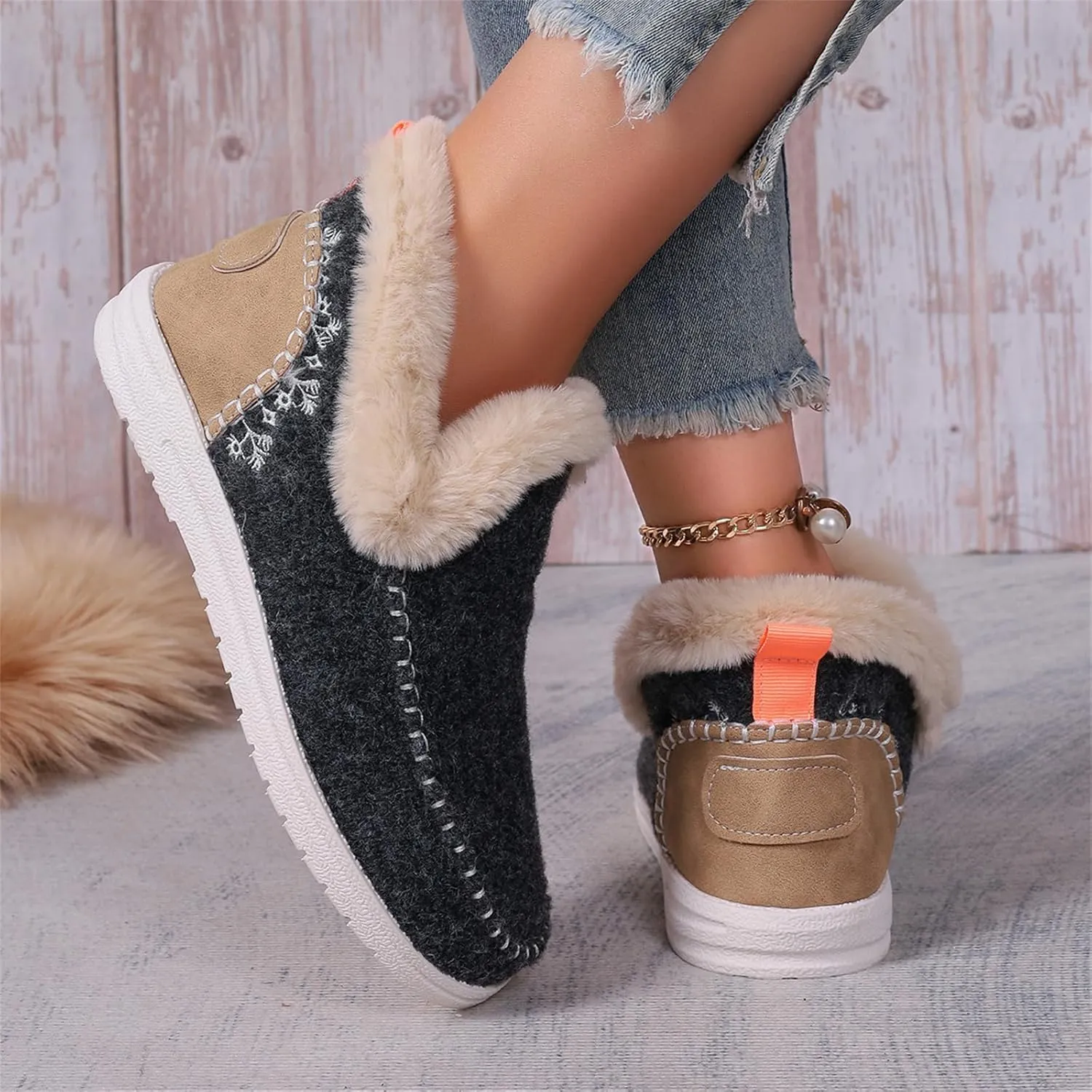 Ladmiple Booties For Women 2024 Warm Fur Lined Winter Snow Ankle Boots Outdoor Short Booties Fashion Slip On Loafers Shoes