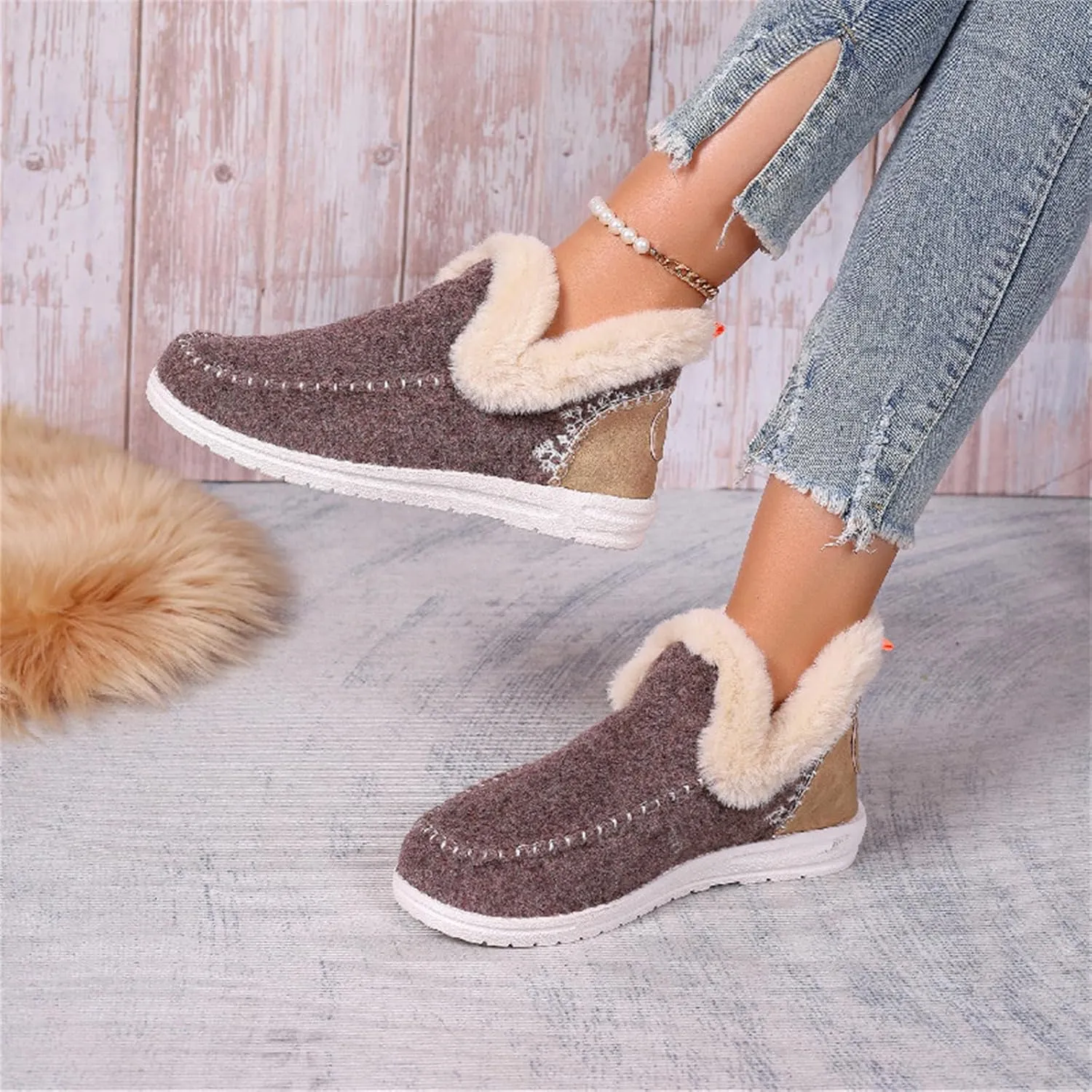 Ladmiple Booties For Women 2024 Warm Fur Lined Winter Snow Boots Outdoor Short Ankle Booties Slip On Fashion Loafers Shoes