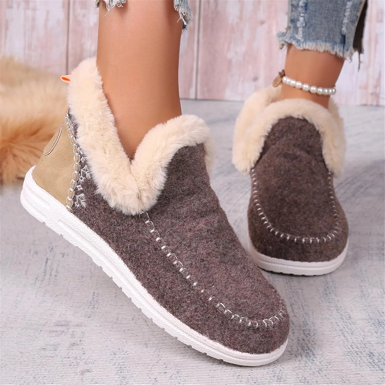Ladmiple Booties For Women 2024 Warm Fur Lined Winter Snow Boots Outdoor Short Ankle Booties Slip On Fashion Loafers Shoes