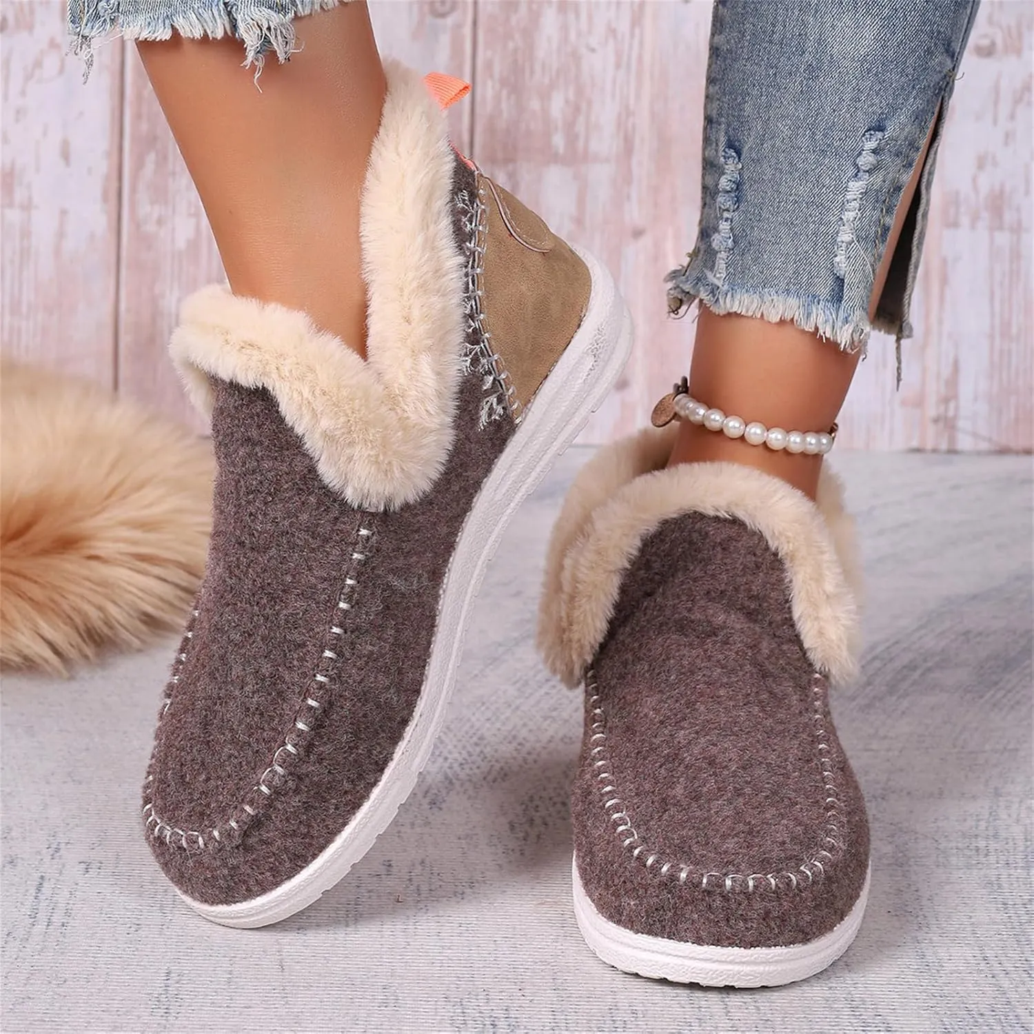 Ladmiple Booties For Women 2024 Warm Fur Lined Winter Snow Boots Outdoor Short Ankle Booties Slip On Fashion Loafers Shoes