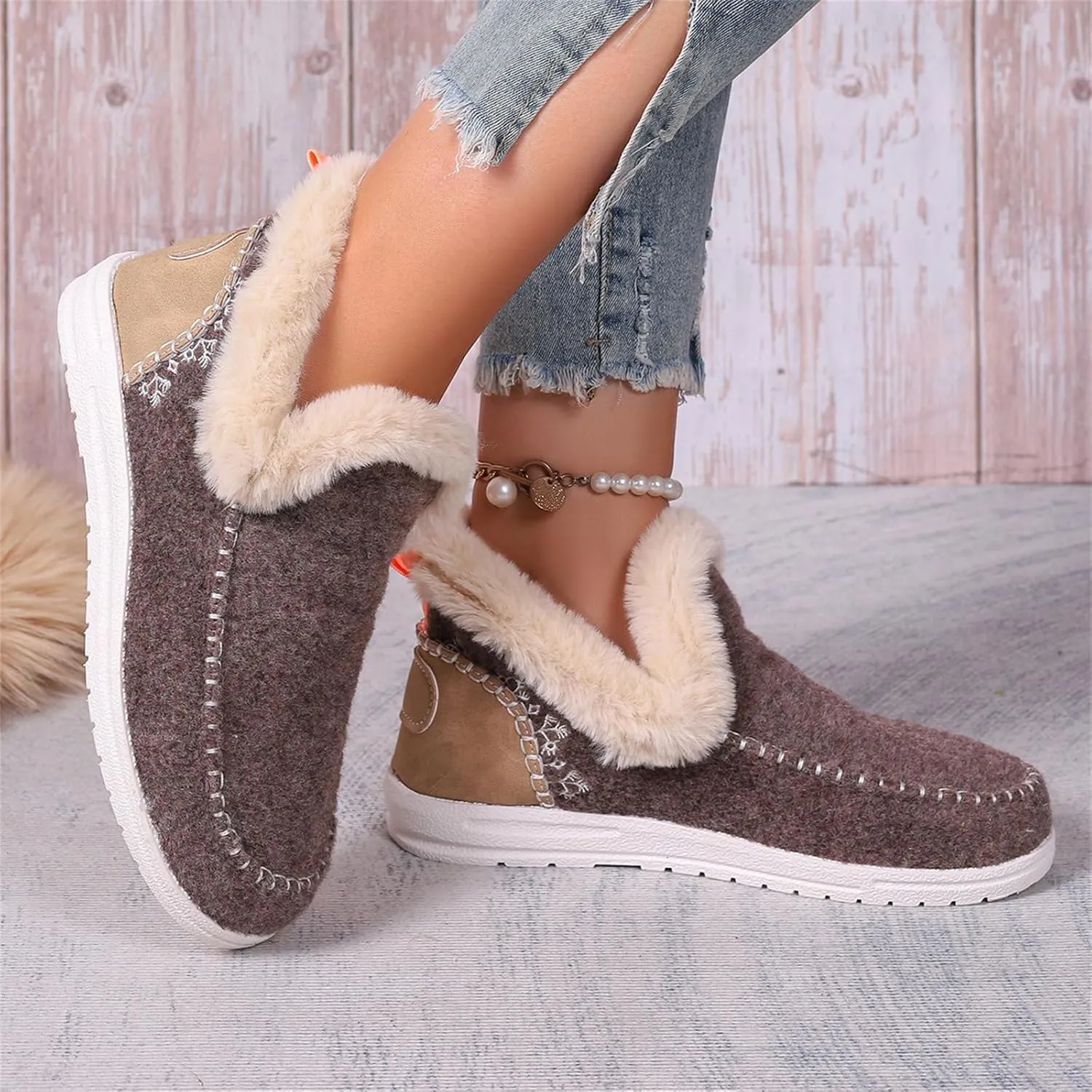 Ladmiple Booties For Women 2024 Warm Fur Lined Winter Snow Boots Outdoor Short Ankle Booties Slip On Fashion Loafers Shoes