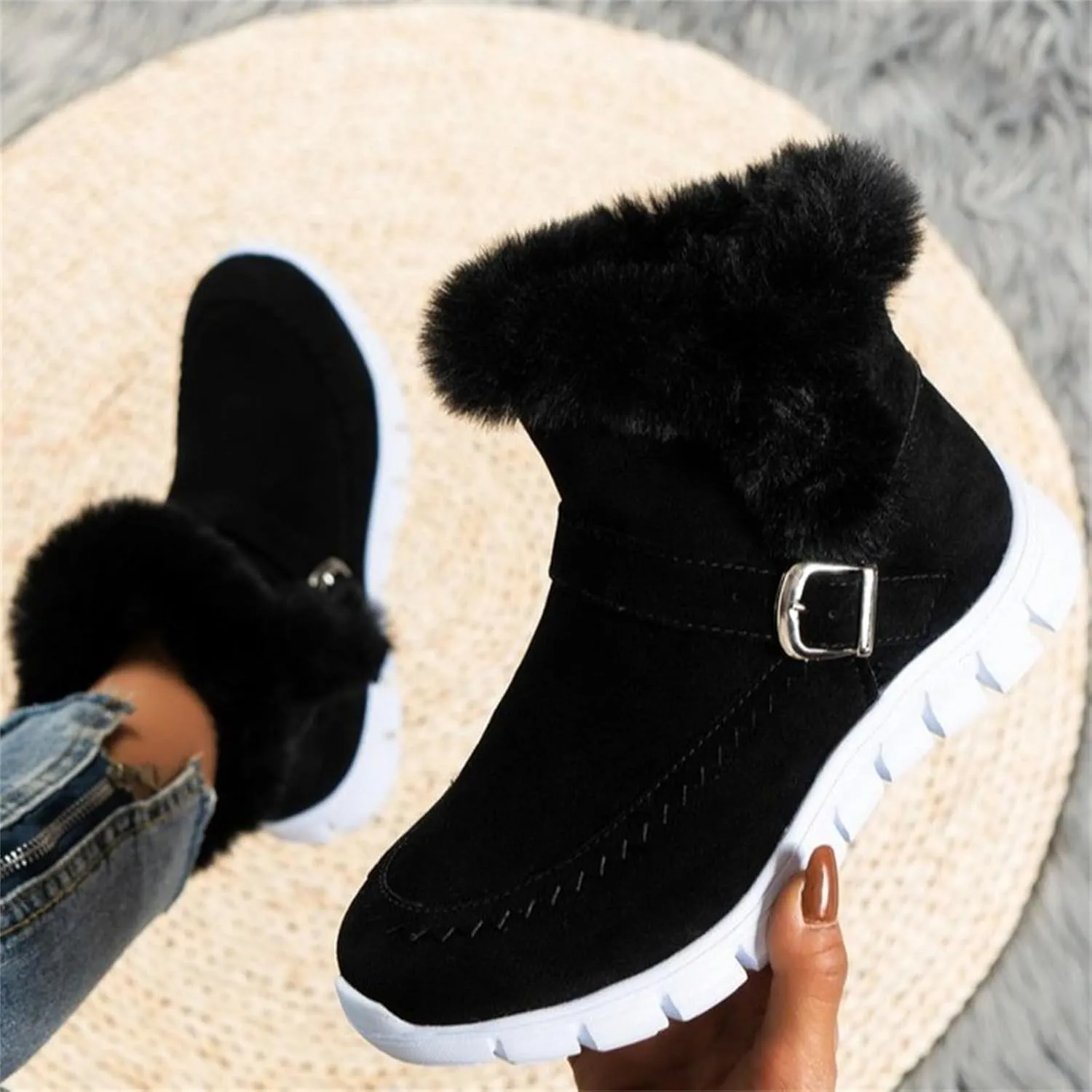 Ladmiple Boots For Women Ankle Booties Winter Snow Boots Slip on Warm Comfortable Outdoor Fur Lined Walking Loafers Shoes