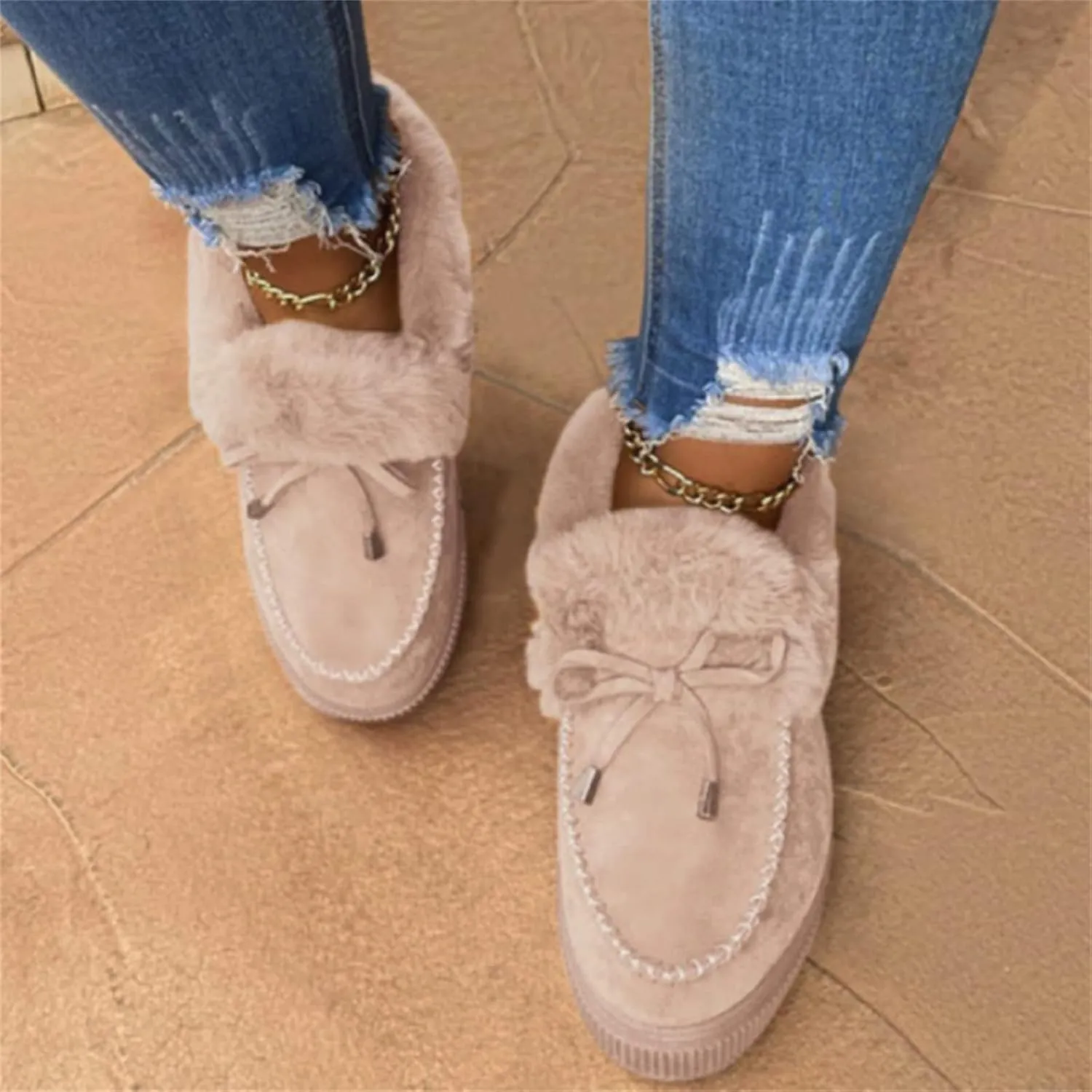 Ladmiple Boots for Women Ankle Booties with Fur Snow Boots Warm Comfortable Slip On Outdoor Walking Winter Shoes for Women