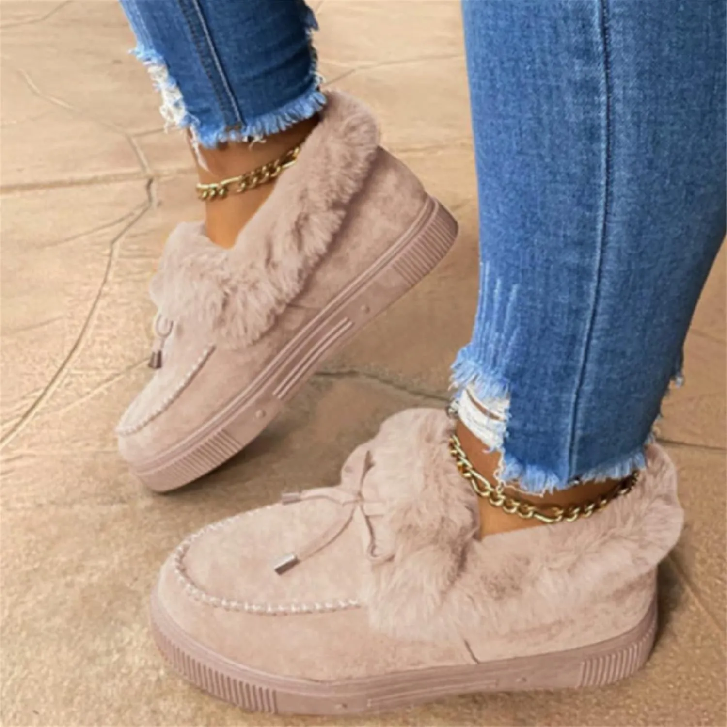 Ladmiple Boots for Women Ankle Booties with Fur Snow Boots Warm Comfortable Slip On Outdoor Walking Winter Shoes for Women