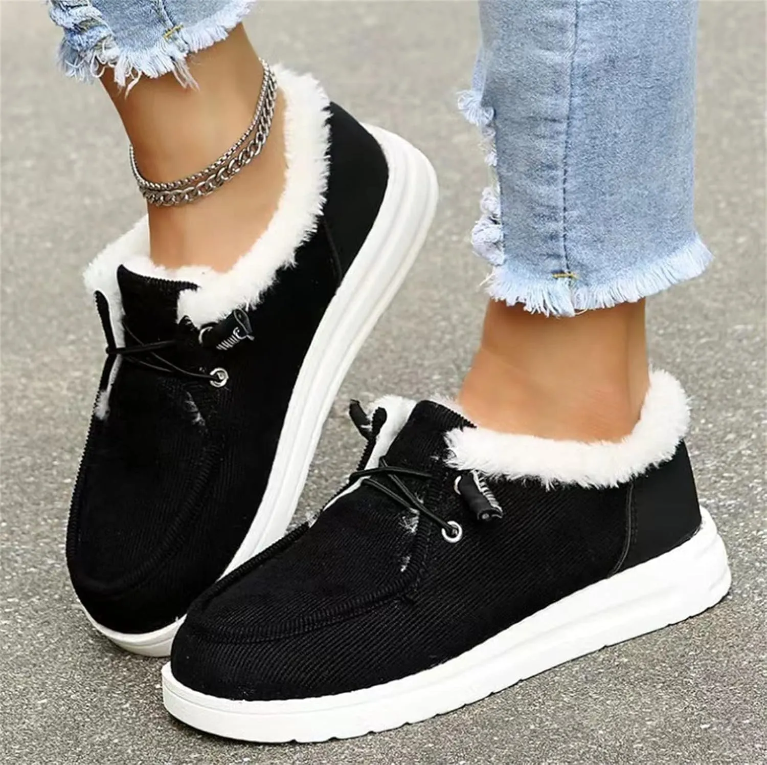 Ladmiple Boots for Women Ankle Booties with Fur Snow Boots Winter Warm Slip On Outdoor Comfortable Fashion Walking Shoes