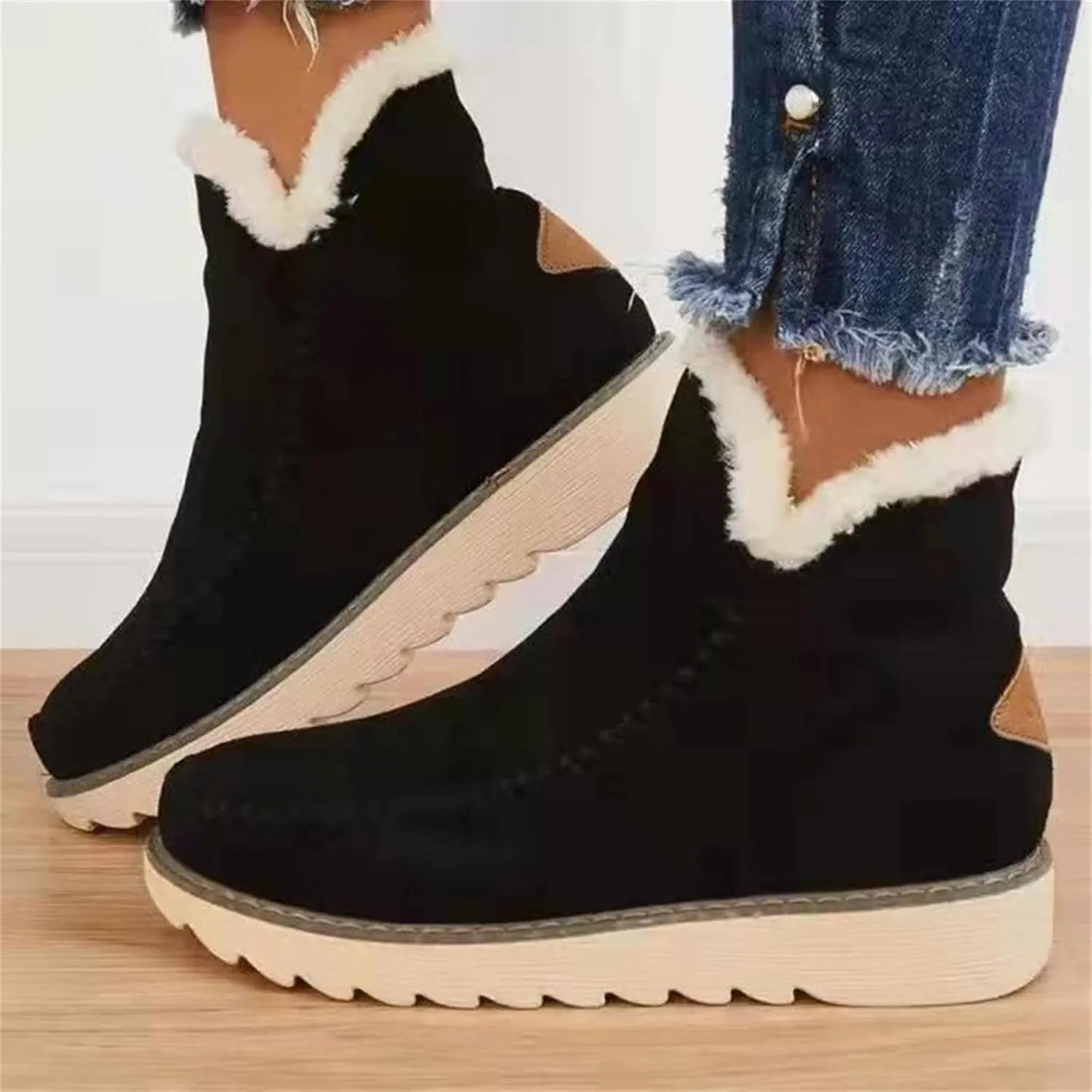 Ladmiple Boots for Women Ankle Booties with Fur Winter Snow Boots Classic Slip On Fashion Casual Warm Outdoor Walking Shoes