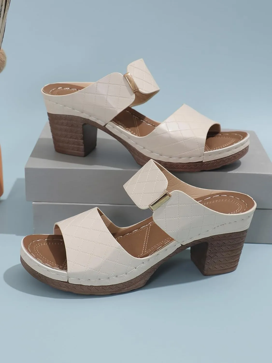 Ladmiple Chunky Heels For Women Backless Low Block Comfortable Open Toe Ankle Strap Party Dress Pump Shoes Heeled Sandals