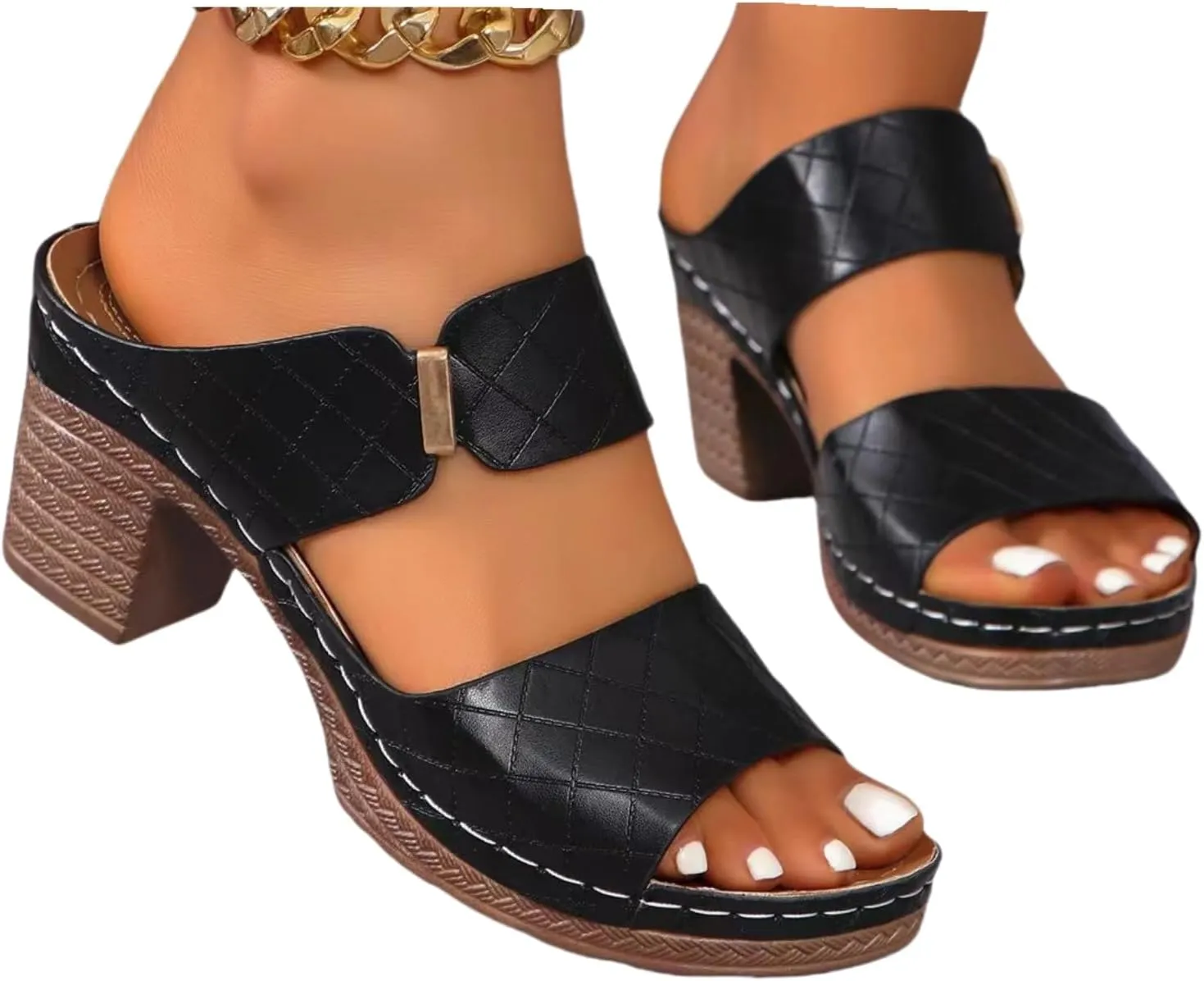 Ladmiple Chunky Heels For Women Backless Low Block Comfortable Open Toe Ankle Strap Party Dress Pump Shoes Heeled Sandals