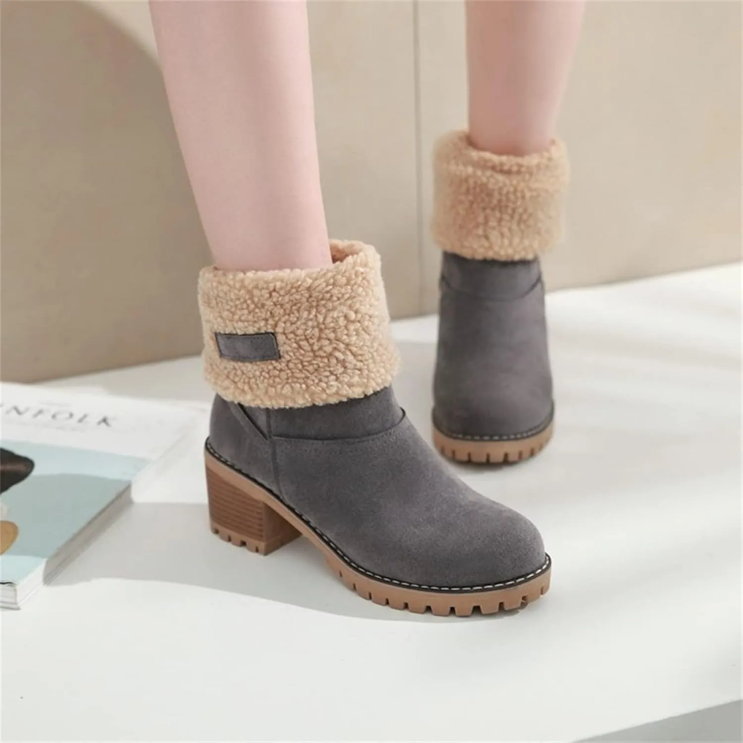Ladmiple Winter Boots For Women Fashion Mid Calf Snow Boots Fur Lined Warm Comfortable Slip On Short Ankle Booties 2024