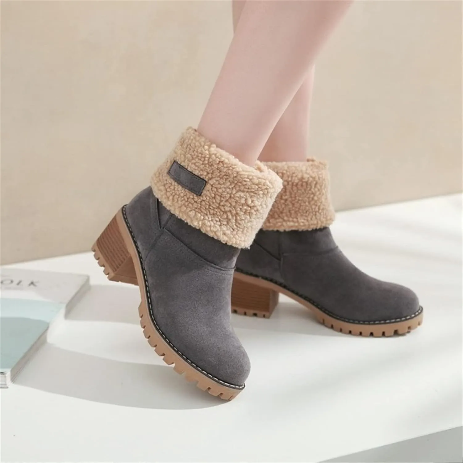 Ladmiple Winter Boots For Women Fashion Mid Calf Snow Boots Fur Lined Warm Comfortable Slip On Short Ankle Booties 2024