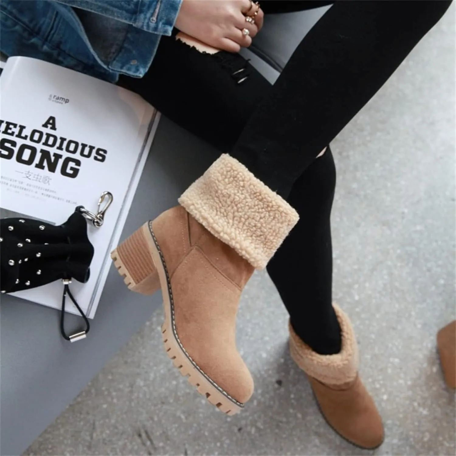 Ladmiple Winter Boots For Women Tall Mid Calf Snow Boots Warm Fur Lined Anti-Slip Outdoor Slip On Comfortable Warm Shoes