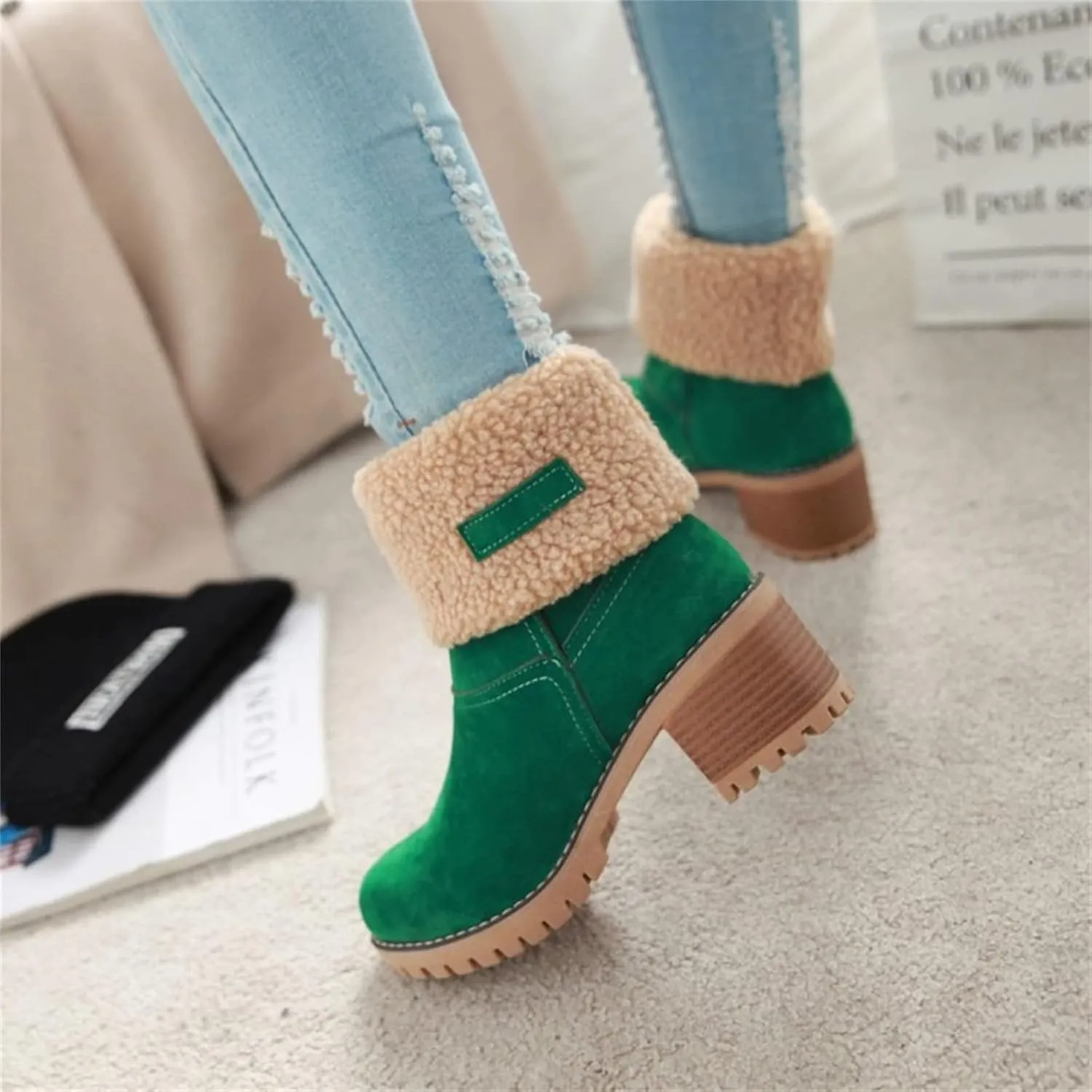Ladmiple Winter Boots For Women Tall Mid Calf Snow Boots Warm Fur Lined Anti-Slip Outdoor Slip On Comfortable Warm Shoes