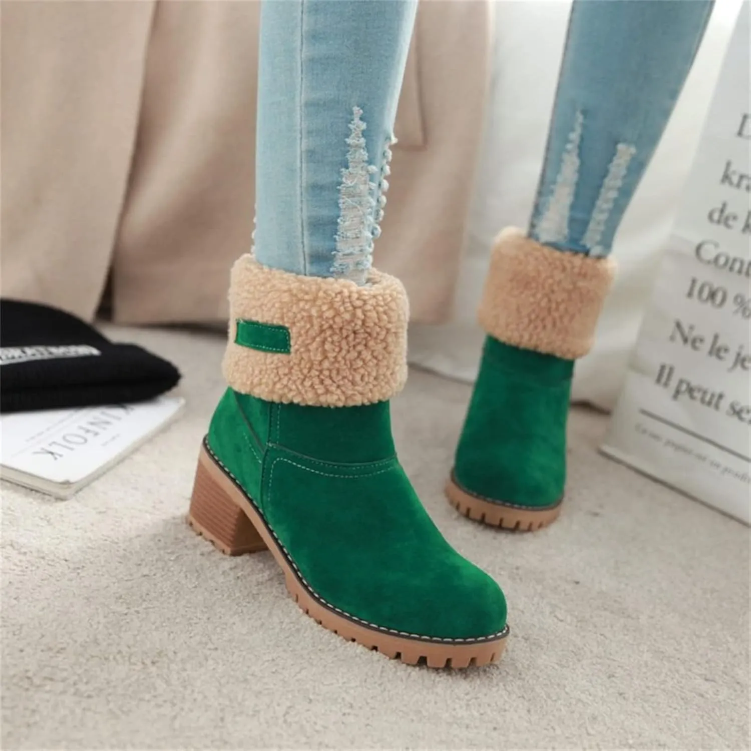 Ladmiple Winter Boots For Women Tall Mid Calf Snow Boots Warm Fur Lined Anti-Slip Outdoor Slip On Comfortable Warm Shoes