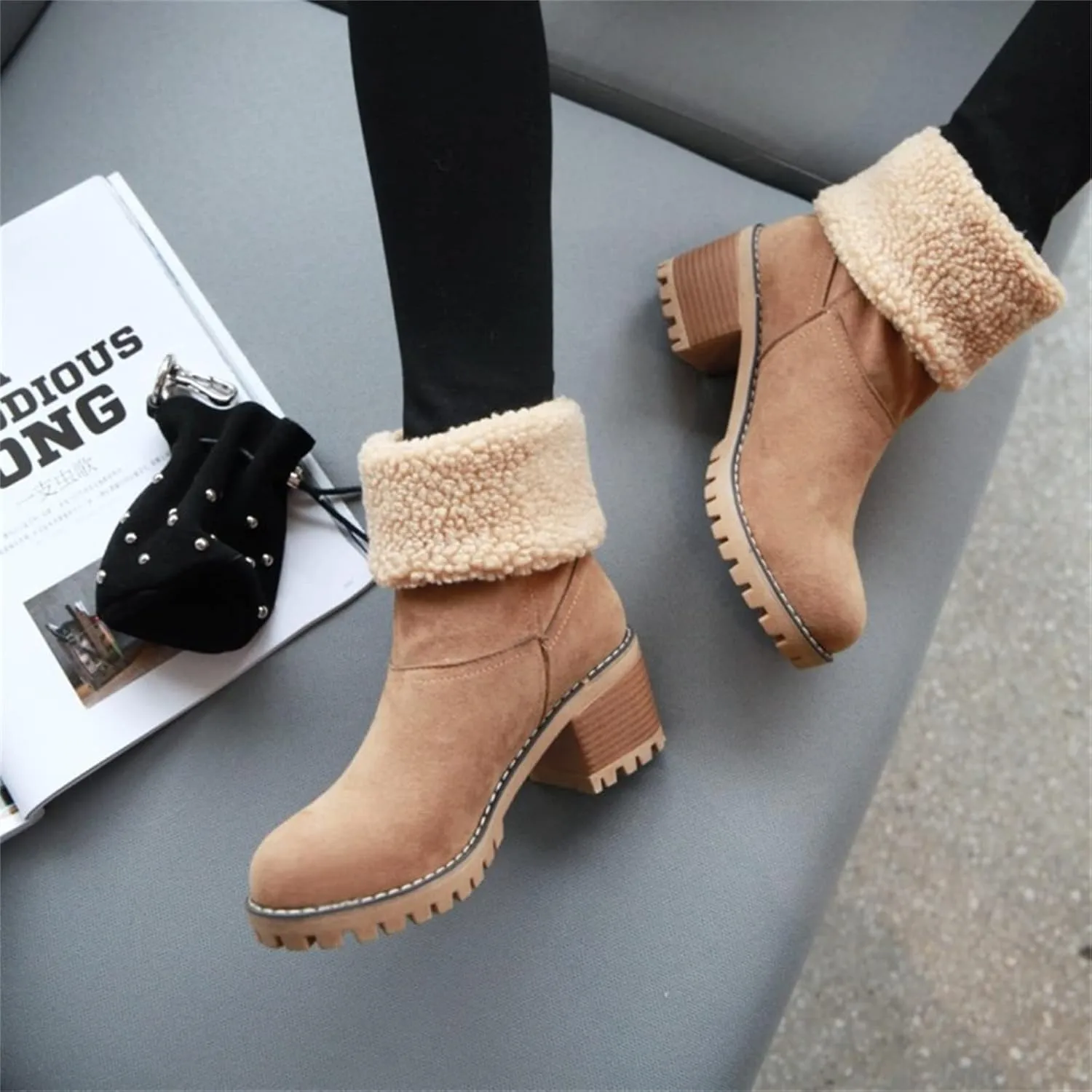 Ladmiple Winter Boots For Women Tall Mid Calf Snow Boots Warm Fur Lined Anti-Slip Outdoor Slip On Comfortable Warm Shoes