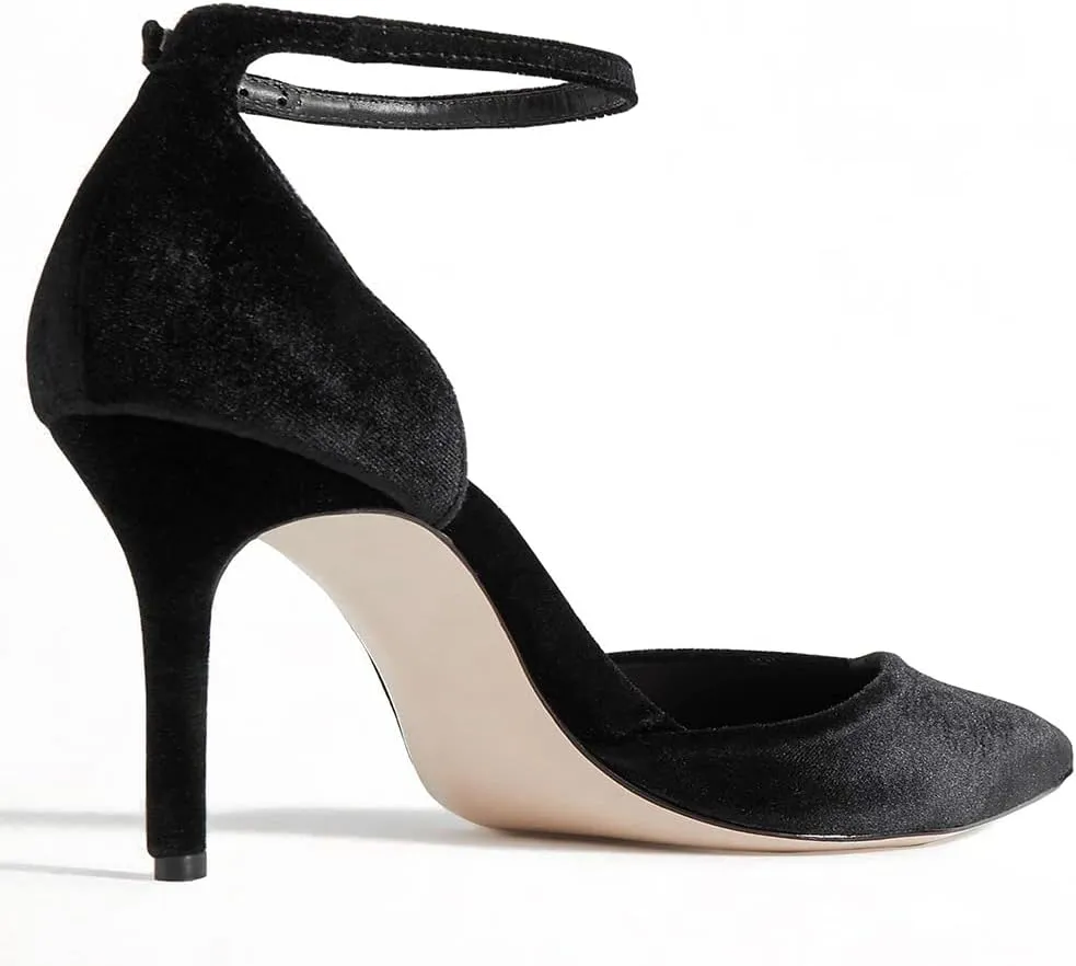 LEHOOR Women Sexy High Heels Pumps Ankle Strap Pointed Toe Dress Shoes D'orsay 3" Stiletto Heels Velvet Sandals Closed Pointy toe Cutout Buckle Wedding Party Shoe Ladies Fashion Spring 4-11 M US