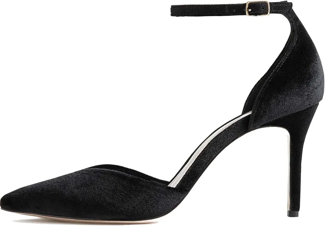 LEHOOR Women Sexy High Heels Pumps Ankle Strap Pointed Toe Dress Shoes D'orsay 3" Stiletto Heels Velvet Sandals Closed Pointy toe Cutout Buckle Wedding Party Shoe Ladies Fashion Spring 4-11 M US