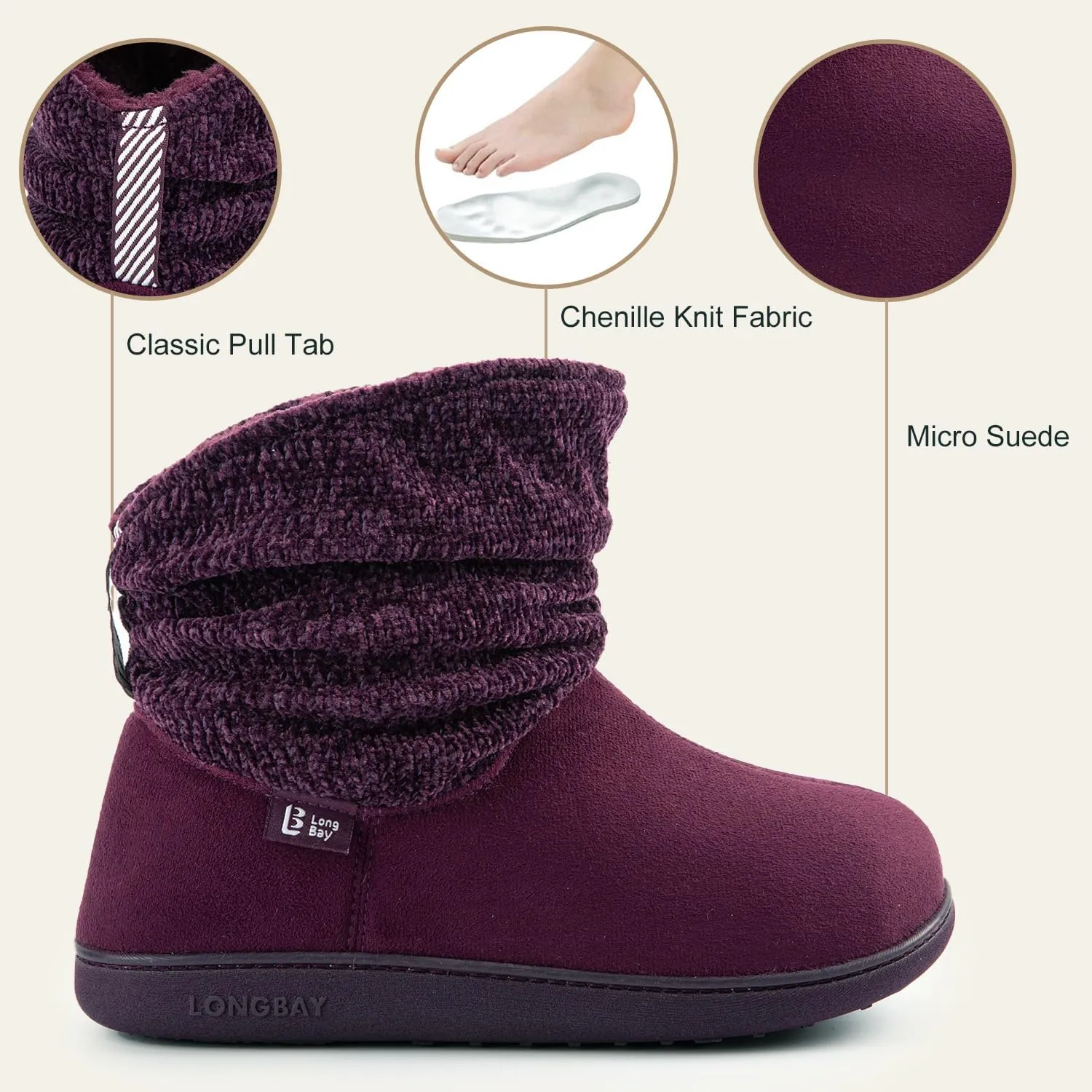 LongBay Women's Warm Chenille Knit Bootie Slippers Memory Foam Comfy Suede Fluffy Faux Fur Memory Foam Boots House Shoes