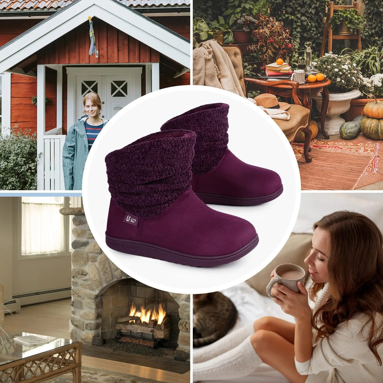 LongBay Women's Warm Chenille Knit Bootie Slippers Memory Foam Comfy Suede Fluffy Faux Fur Memory Foam Boots House Shoes