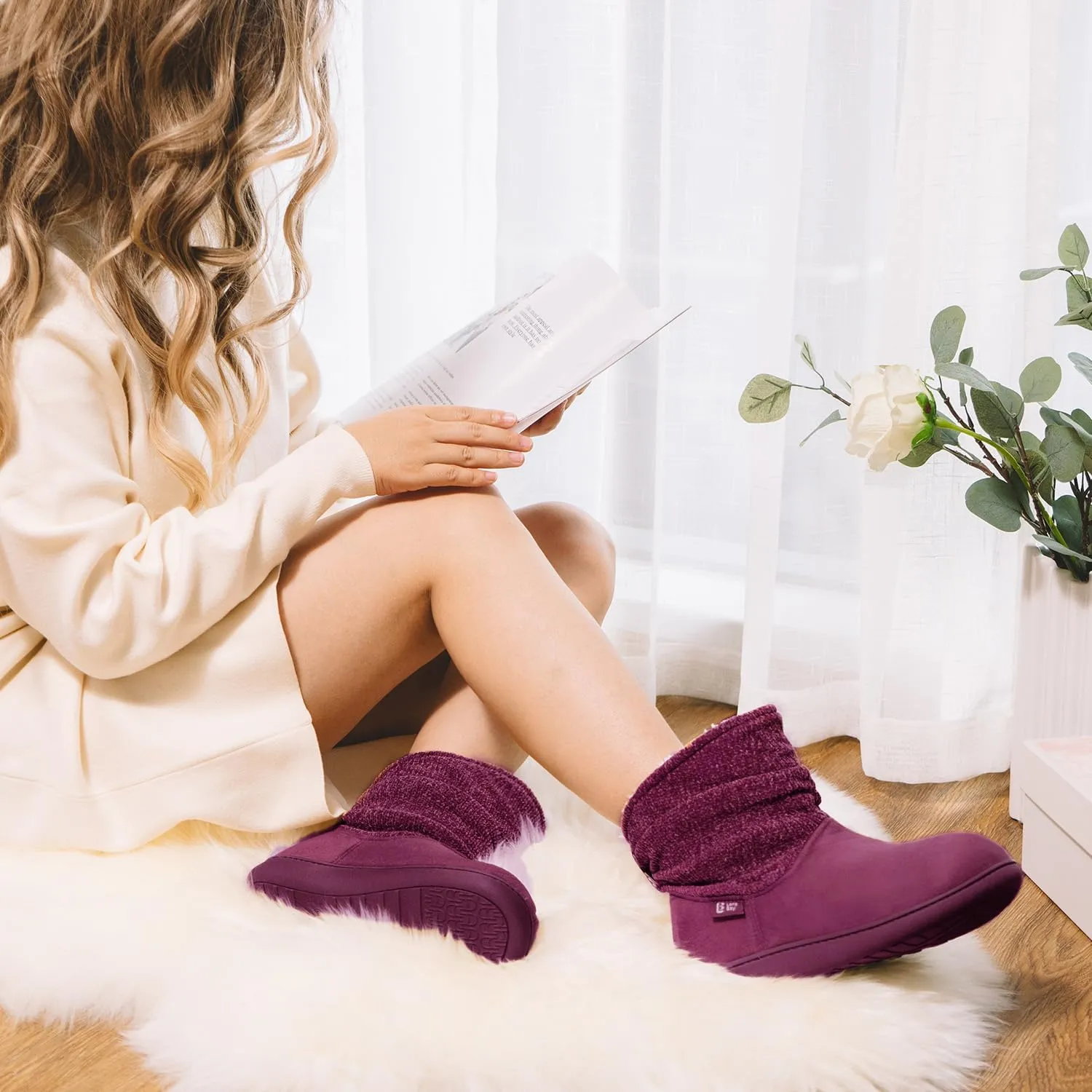 LongBay Women's Warm Chenille Knit Bootie Slippers Memory Foam Comfy Suede Fluffy Faux Fur Memory Foam Boots House Shoes